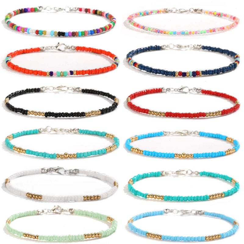 XIJIN 12Pcs Handmade Beaded Anklets for Women Boho Colorful Beads Ankle Bracelets Adjustable Foot Anklet Set - Image 1